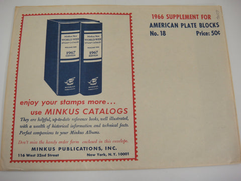 Minkus 1966 American Plate Block Stamp Album Supplement #18 New Old Stock