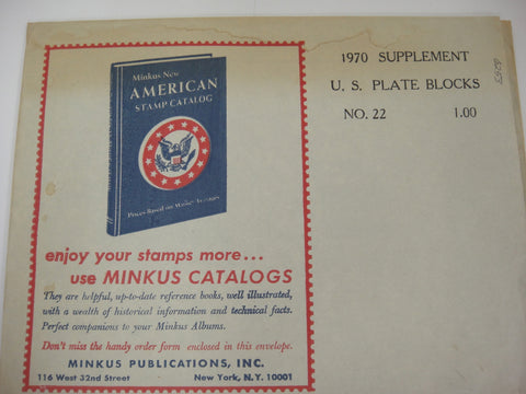 Minkus 1970 American Plate Block Stamp Album Supplement #22 New Old Stock