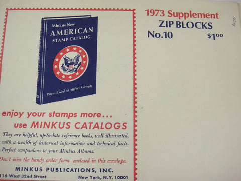 Minkus 1973 Zip Blocks Stamp Album Supplement #10 United States New Old Stock