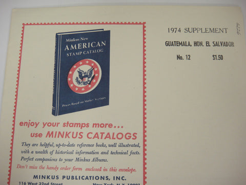Minkus 1974 Guatemala, Honduras, El Salvador Stamp Album Supplement #12