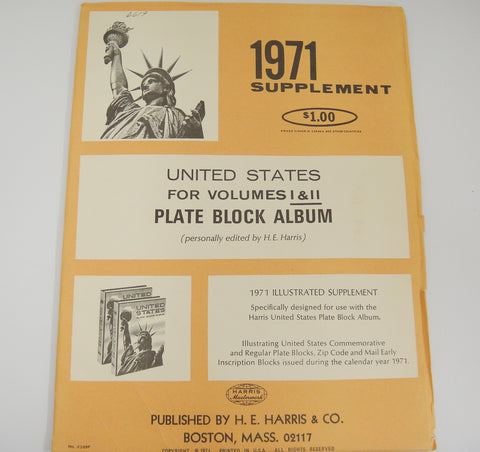 Harris Plate Block Stamp Album Supplement United States 1971 Volumes I & II X109F