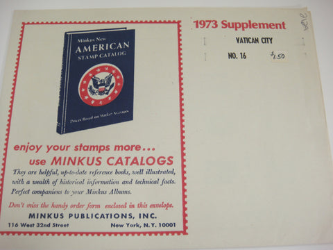 Minkus 1973 Vatican City Stamp Album Supplement 16 NOS