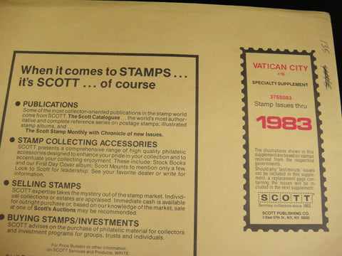 Scott 1983 Vatican City Specialty Stamp Supplement 16 375S083 NOS