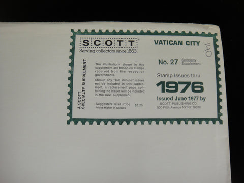 Scott 1976 Vatican City Specialty Stamp Supplement 27 NOS