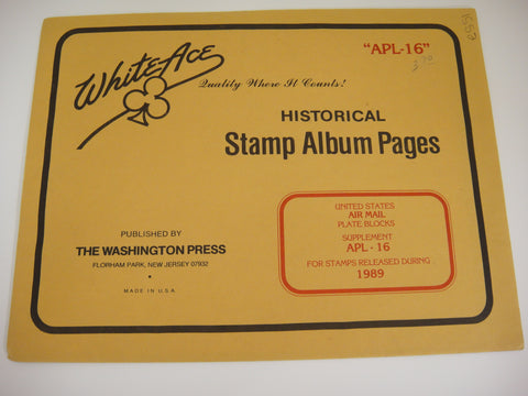 White Ace 1989 Air Mail Plate Blocks Album Supplement United States APL-16 NOS