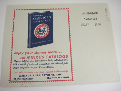 Minkus 1974 Vatican City Stamp Album Supplement 17 NOS