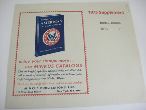 Minkus 1973 Monaco Andorra Stamp Album Supplement 13 NOS