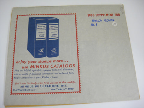 Minkus 1968 Monaco Andorra Stamp Album Supplement 8 NOS