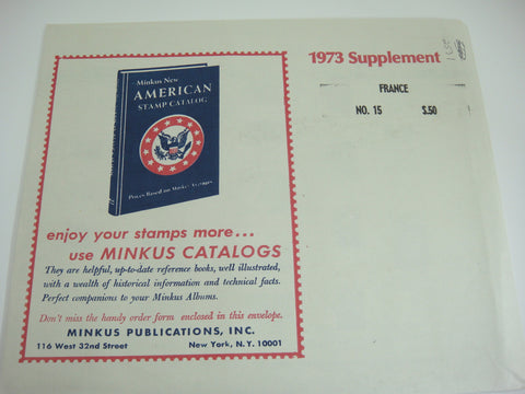 Minkus 1973 France Stamp Album Supplement 15 NOS