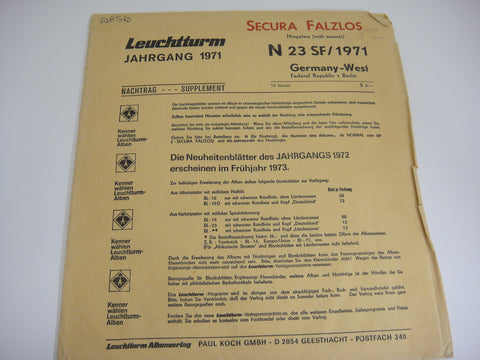 Lighthouse 1971 West Germany Hingeless Stamp Album Supplement N23SF71 NOS