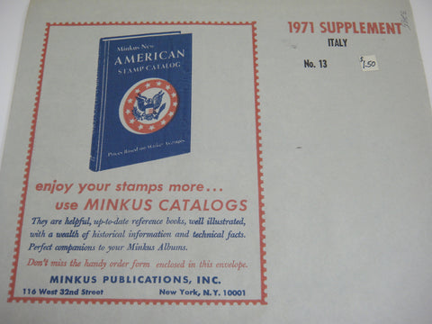 Minkus 1971 Italy Stamp Album Supplement 13 NOS