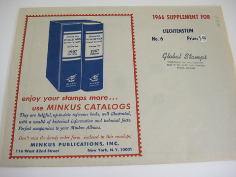 Minkus 1966 Liechtenstein Stamp Album Supplement 6 NOS