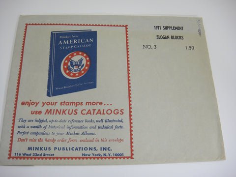 Minkus 1971 US Slogan Blocks Stamp Album Supplement 3 NOS