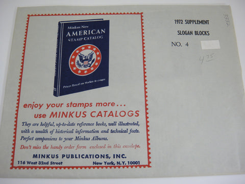 Minkus 1972 US Slogan Blocks Stamp Album Supplement 4 Mail Early NOS