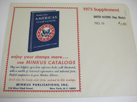Minkus 1973 UN Imprint Blocks Stamp Album Supplement 16 United Nations NOS