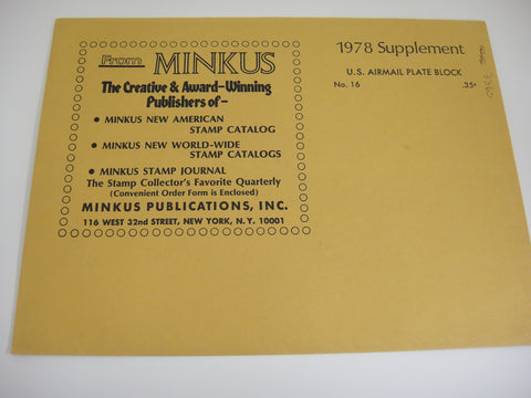 Minkus 1978 US Airmail Plate Blocks Stamp Supplement 16 United States NOS