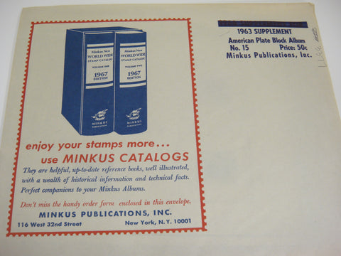 Minkus 1963 American Plate Blocks Stamp Album Supplement 15 NOS