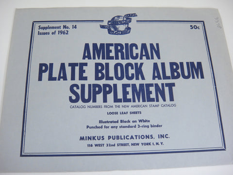 Minkus 1962 American Plate Blocks Album Supplement 14 US NOS