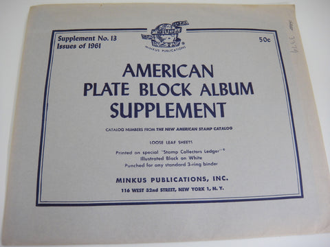 Minkus 1961 American Plate Blocks Album Supplement 13 NOS