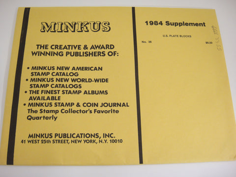 Minkus 1984 US Plate Blocks Stamp Album Supplement 36 United States NOS
