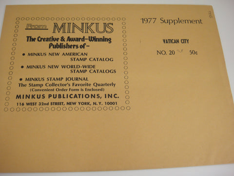 Minkus 1977 Vatican City Stamp Album Supplement 20 NOS