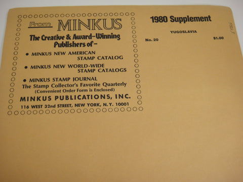 Minkus 1980 Yugoslavia Stamp Album Supplement 20 NOS