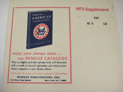 Minkus 1973 Italy Stamp Album Supplement 15 New Old Stock