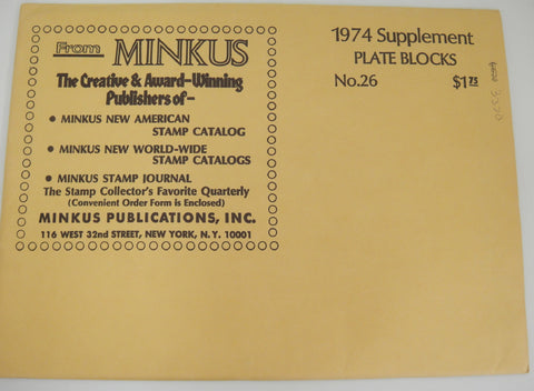 Minkus 1974 United States Plate Blocks Stamp Album Supplement 26 NOS