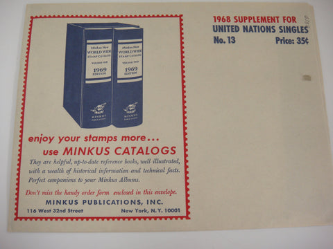 Minkus Singles Stamp Album Supplement 13 United Nations 1968 New Old Stock