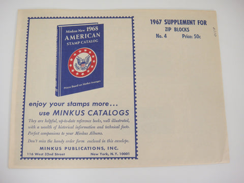 Minkus 1967 US Zip Blocks Stamp Album Supplement 4 NOS