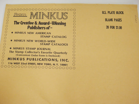 Minkus U.S. Plate Blocks 20 Blank Pages for 3-Ring Binders New Old Stock