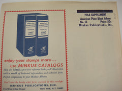 Minkus 1964 American Plate Blocks Stamp Album Supplement #16 New Old Stock