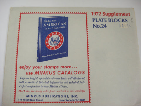 Minkus 1972 American Plate Block Stamp Album Supplement #24 New Old Stock