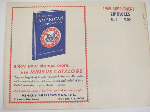 Minkus Zip Blocks 1969 Stamp Album Supplement #6 United States New Old Stock