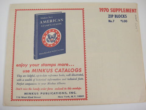Minkus Zip Blocks 1970 Stamp Album Supplement #7 United States New Old Stock
