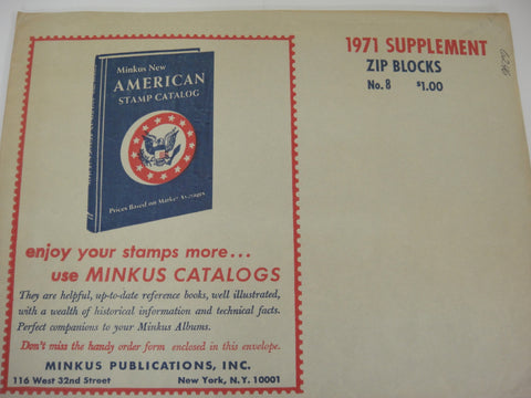 Minkus 1971 Zip Blocks Stamp Album Supplement #8 United States New Old Stock