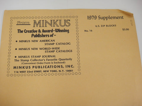 Minkus 1979 Zip Blocks Stamp Album Supplement 16 United States New Old Stock