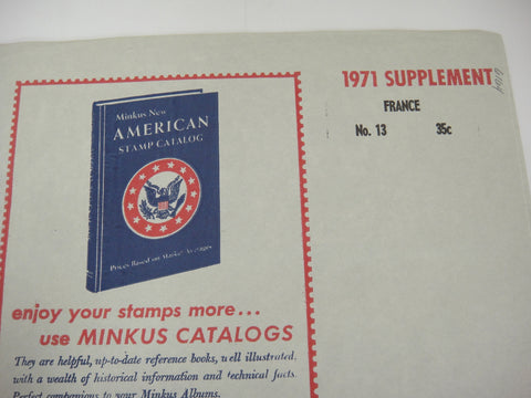 Minkus 1971 France Stamp Album Supplement #13 New Old Stock
