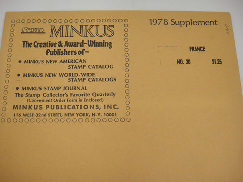 Minkus 1978 France Stamp Album Supplement #20 New Old Stock