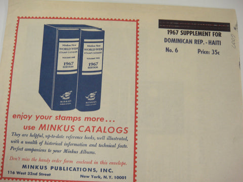 Minkus 1967 Dominican Republic Haiti Stamp Album Supplement No. 6 New Old Stock