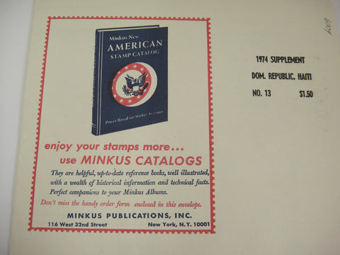 Minkus 1974 Dominican Republic Haiti Stamp Album Supplement No. 13 New Old Stock