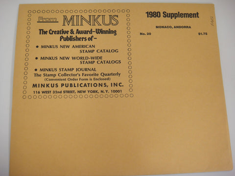 Minkus 1980 Monaco Andorra Stamp Album Supplement 20 New Old Stock