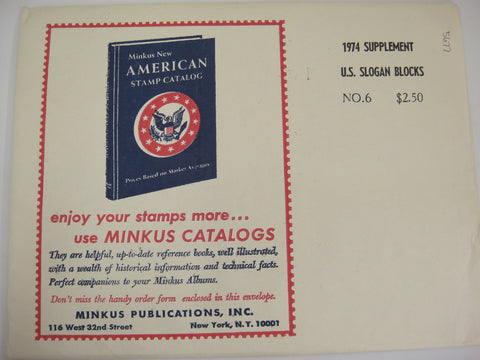 Minkus 1974 Slogan Blocks Stamp Album Supplement 6 United States Mail Early