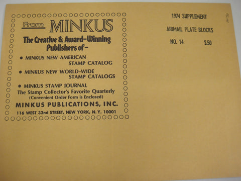 Minkus 1974 United States Airmail Plate Block Supplement #14 New Old Stock
